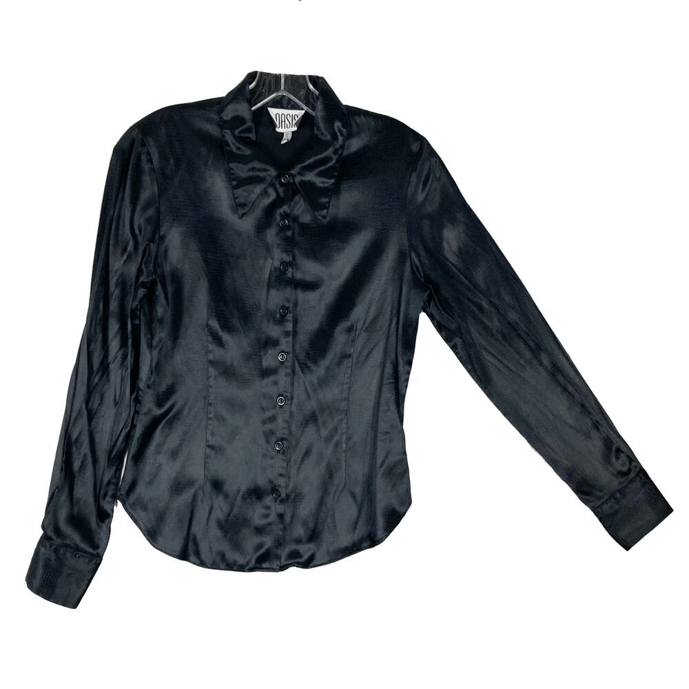NWOT OASIS Shirt Top UK10/US6 Vintage Black Satin Shiny Snakeskin-Print Long-Slv